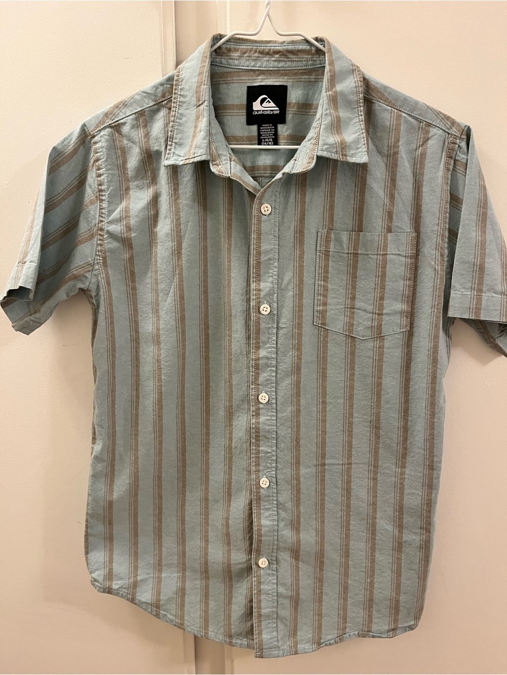 Quiksilver — Mint Green & Tan Striped Button-Up Shirt, Boys Large (14/16)